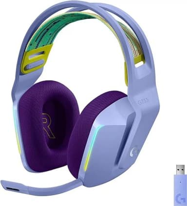 Logitech G733 lilac gaming headset with USB dongle