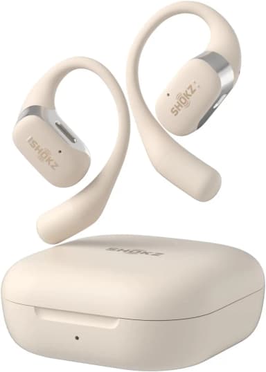 Shokz OpenFit beige wireless earbuds with charging case