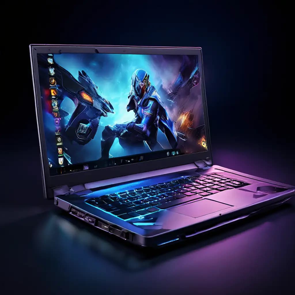 A powerful gaming laptop with vibrant RGB lighting and a futuristic game displayed on the screen, ideal for gamers seeking top performance.