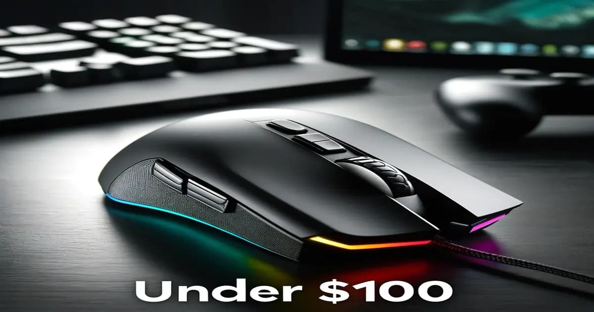 Top budget gaming mouse under 100 dollars, sleek design with RGB lighting on desk setup