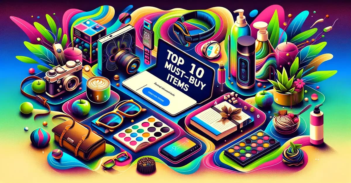 Colorful illustration of popular gadgets and items with a laptop screen displaying the text, Top 10 Must-Buy Items