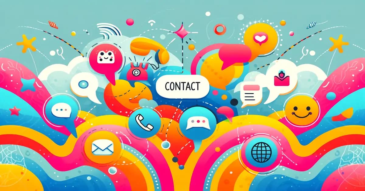 Colorful illustration with various communication icons surrounding the word Contact.