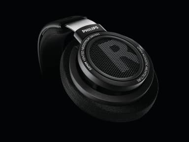 Philips SHP9500 HiFi headphones, side view, open-back, glasses-friendly.