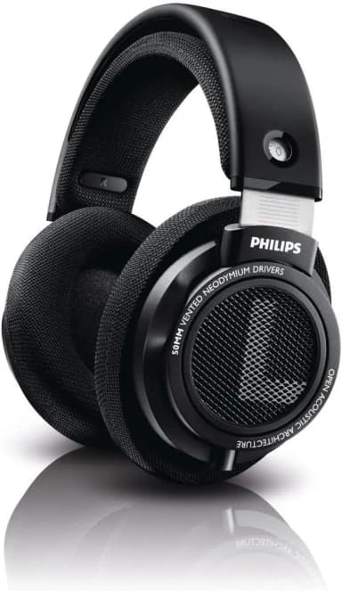 Philips SHP9500 HiFi headphones, black, open-back, comfortable with glasses.