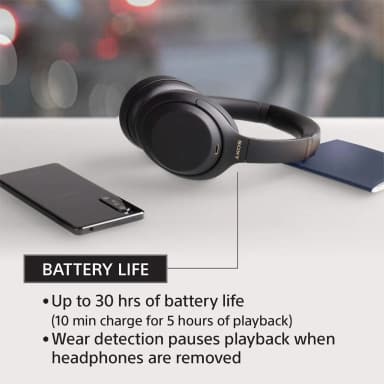 Sony WH-1000XM4 headphones, battery life feature, comfortable for glasses.