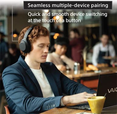 Sony WH-1000XM4 headphones, multi-device pairing, comfortable with glasses.