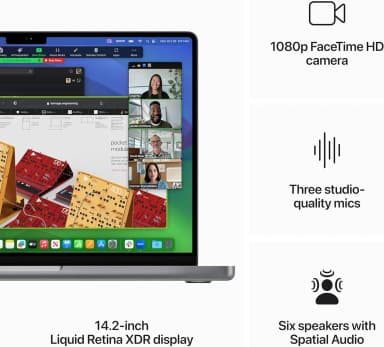 Apple MacBook Pro M3 showing specs including FaceTime HD camera and Retina display