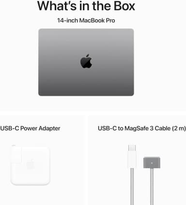 Contents of Apple MacBook Pro M3 box including laptop, power adapter, and MagSafe cable