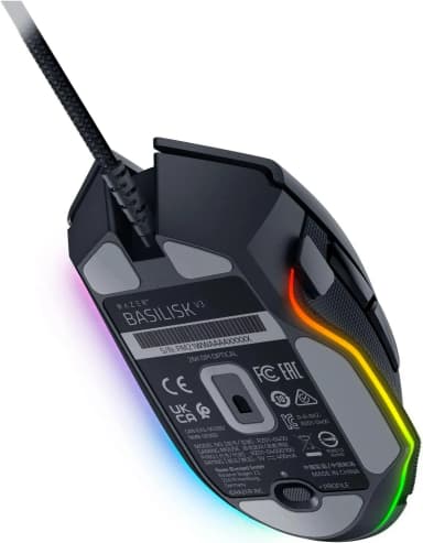 Bottom view of Razer Basilisk V3 with mouse feet and sensor
